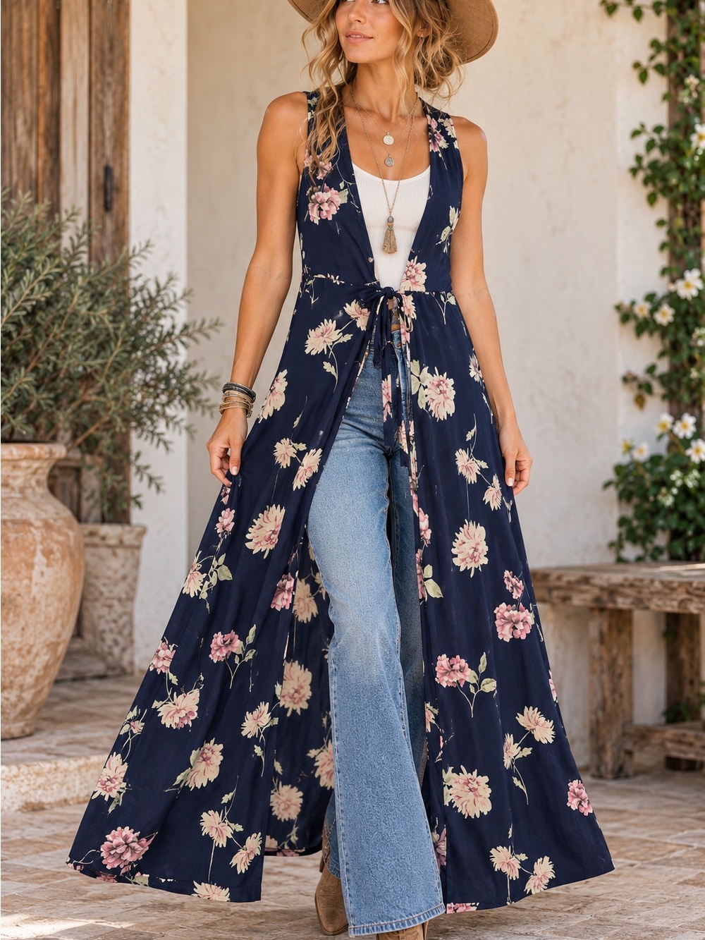 🌸 Peach Love California Navy Floral Tie Front Maxi Duster Small